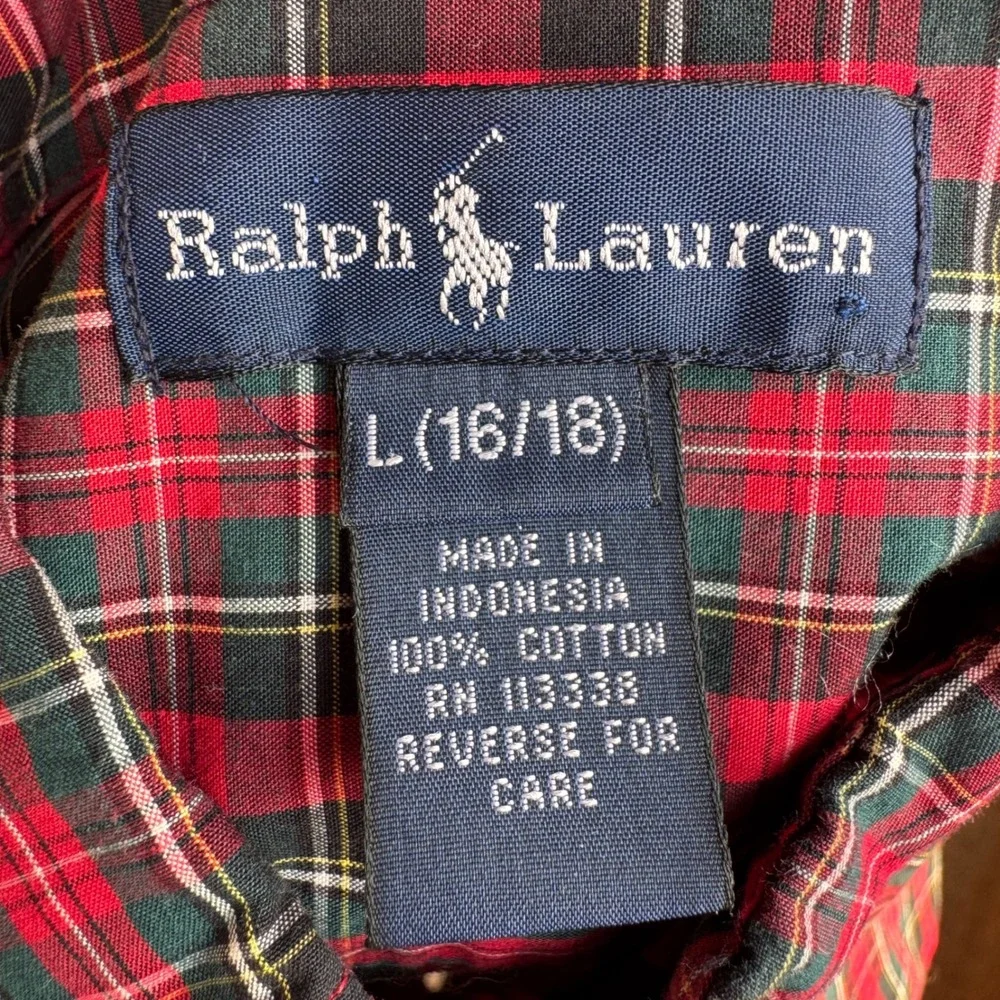 Ralph Lauren Boys Red Green Plaid Button Down Shirt Size L 16/18 Cotton Pony